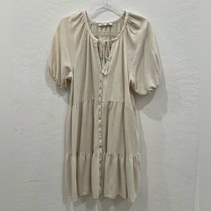 Dex Bohemian tiered linen mini dress tie strings button up flowy beige size M